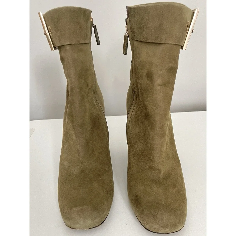 Gucci Kesha Suede Olive Green Ankle Boots Gold Buckle Block Heel Sz 38.5